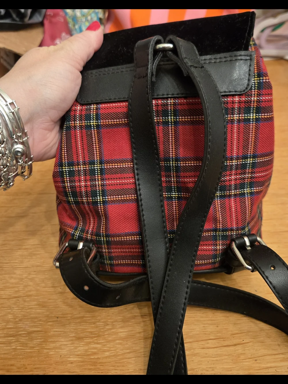 Vintage GAP Red Tartan Drawstring Bucket Bag with Black Accents